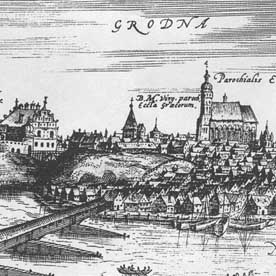 Амаль УСЕ пазначаныя будынкі ўжо НЕ ІСНУЮЦЬ. Фара Вітаўта была знішчана ў 1961 годзе. Гародня, з гравюры Томаша Макоўскага, 1600.