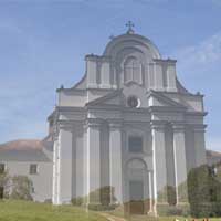 Графiчная рэканструкцыя касцёла Святой Барбары кляштару трынітарыяў. Выглад у першай трэцi XIXст. да перабудовы пад казармы ваенна-працоўнай роты фартэцыi. 3D мадэль, арыгiнальныя фота, фотамантаж by A. Nevar. 2019г.