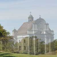 Графiчная рэканструкцыя касцёла Святой Барбары кляштару трынітарыяў. Выглад у першай трэцi XIXст. да перабудовы пад казармы ваенна-працоўнай роты фартэцыi. 3D мадэль, арыгiнальныя фота, фотамантаж by A. Nevar. 2019г.