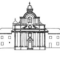 Выява галоўнага фасада касцёла Святой Барбары i кляштару трынітарыяў. Апублiкавана - Т. М. Габрусь (Мураваныя харалы. Сакральная архiтэктура беларускага барока. Мн.: Ураджай, 2001, старонка 211) Электронны рэсурс - https://orda.of.by/.lib/gabrus/mh/211 