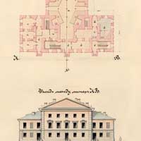 Выява фасада i плана першага паверха былога касцёла Святой Барбары i кляштару трынітарыяў, перабудаваных пад казармы ваенна-працоўнай роты з абмерных чарцяжоў. Апублiкавана: А.Варабей & А.Жаркоў - Горад i замак Брэст-Лiтоўскi