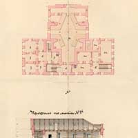 Выява разрэза i плана другога паверха былога касцёла Святой Барбары i кляштару трынітарыяў, перабудаваных пад казармы ваенна-працоўнай роты з абмерных чарцяжоў. Апублiкавана: А.Варабей & А.Жаркоў - Горад i замак Брэст-Лiтоўскi