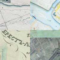 Выява былога касцёла Святой Барбары i кляштару трынітарыяў (пазначаны чырвоным) на мапах розных часоў (1823г. да пабудовы фартэцыi, праектных планах 1830 i 1839гг. i сумяшчэннi плана 1854г. с сучасным аэрафотаздымкам Яндэкс. Фотамантаж by A. Nevar. 2019г.