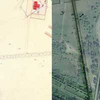 Выява былога касцёла Святой Барбары i кляштару трынітарыяў перабудаванага на казармы (пазначаны чырвоным) на мапе 1856г. i сумяшчэннi мапы 1854г. с сучасным аэрафотаздымкам Яндэкс. Фотамантаж by A. Nevar. 2019г