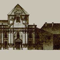 Берасце. Выява касцёла Звеставання найсвяцейшай Дзеве Марыі кляштару брыгiтак y першай палове XIXст. да перабудовы пад казармы гарнiзона фартэыi паводле абмерных чарцяжоу i пасля прыстасавання на турму на фота пачатку XXст. (на дальнiм плане).