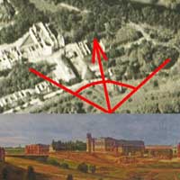 Сумяшчэнне аэрафотаздымка ў 1915г. з пазначэннем былога касцёла Яна Хрысціцеля і Св. Ганны кляштару бернардынцаў, перабудаваных на ваенны шпiталь (пазначаны чырвоным) i фрагмент яго выявы на момант пабудовы фартэцыi ў 1840г. з акварэлi Марцiна Залескага Фотамантаж by A. Nevar 2019г.