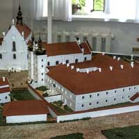 Берасце. Выява ансамбля культавых пабудоў з касцёламi Яна Хрысціцеля і Св. Ганны Кляштару бернардынцаў i Беззаганнага Зачацця Найсвяцейшай Панны Марыі кляштару бернардынак на макеце. Аўтар макета М.М Уласюк (старэйшы)