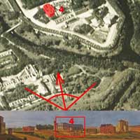 Сумяшчэнне аэрафотаздымка ў 1915г. з пазначэннем былога касцела Пана Езуса і Святога Казіміра калегii езуiтаў, перабудаваных пад апартаменты iмператара i камендантскай управы, пазней iнжэнернай управы (пазначаны чырвоным) i фрагмент яго выявы на момант пабудовы фартэцыi ў 1840г. з акварэлi Марцiна Залескага Фотамантаж by A. Nevar 2019г. 