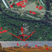 Сумяшчэнне сучаснага аэрафотаздымка з пазначэннем былых кляштараў сярэднявечнага горада, перабудаваных пад патрэбы фартэцыi i iх
выявы на момант пабудовы фартэцыi ў 1840г. з акварэлi Марцiна Залескага. Чырвоным пазначаны:
1. Былы Кляштар бернардынак з касцёлам Беззаганнага Зачацця Найсвяцейшай Панны Марыі, перабудаваны з 1842г. на Кадэцкi корпус, а
з 1854г. на ваенны шпiталь
2. Былы кляштар бернардынцаў з касцёлам Яна Хрысціцеля і Св. Ганны, перабудаваны з 1842г. на Кадэцкi корпус, а з 1854г. на ваенны шпiталь
3. Былы кляштар аўгустынаў з касцёлам Святой Тройцы, перабудаваны 3 1833г. першапачаткова на камiтэт інжынераў фартэцыi, з ў 1865г. разабраны
4. Былая калегiя езуiтаў з касцёлам Пана Езуса і Святога Казіміра, перабудаваныя з 1837г. пад апартаменты iмператара (асобныя памяшканні выкарыстоўвалі для кватэравання імператарскай сям'і ў час наведвання ёю крэпасці) i камендантскай управы (пазней iнжэнернай управы, пасля разбору прыстасаванага пад патрэбы апошнiх пабудоў былога кляштару аўгустынцаў)
5. Былая катэдральная Свята-Мікалаеўская царква. Так i не была скончана яе перабудова, а ў пачатку 1840-х гг. разабрана на будматэрыялы
6. Былы кляштар базылiянаў з царквой Святых Пятра i Паўла з не скончаным завяршэннем вежаў, была перабудавана на афiцэрскае казiно (будынак афiцэрскiх сходаў), атрымаўшы пазней назву Белы Палац. Кляштар з 1833г. прыстасоўваецца пад шпiталь, якi згарэў у 1835г.
7. Былы кляштар дамініканаў з касцёлам Святой Сафіі, с пачаткам будаунiчых прац пры перабудове старажытнага горада на фартэцыю, першапачаткова быу пакiнуты гарадскiм парафiяльным (фарным) касцёлам, але неўзабаве ў сярэдзiне XIXст. разабраны на будматэрыялы.
Фотамантаж by A. Nevar 2019г.