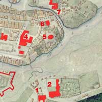 Сумяшчэнне мапы 1823г. з пазначэннем былых кляштараў сярэднявечнага горада i сучаснага спадарожнiкавага здымка. Чырвоным пазначаны:
1. Былы Кляштар бернардынак з касцёлам Беззаганнага Зачацця Найсвяцейшай Панны Марыі, перабудаваны з 1842г. на Кадэцкi корпус, а
з 1854г. на ваенны шпiталь
2. Былы кляштар бернардынцаў з касцёлам Яна Хрысціцеля і Св. Ганны, перабудаваны з 1842г. на Кадэцкi корпус, а з 1854г. на ваенны шпiталь
3. Былы кляштар аўгустынаў з касцёлам Святой Тройцы, перабудаваны 3 1833г. першапачаткова на камiтэт інжынераў фартэцыi, з ў 1865г. разабраны
4. Былая калегiя езуiтаў з касцёлам Пана Езуса і Святога Казіміра, перабудаваныя з 1837г. пад апартаменты iмператара (асобныя памяшканні выкарыстоўвалі для кватэравання імператарскай сям'і ў час наведвання ёю крэпасці) i камендантскай управы (пазней iнжэнернай управы, пасля разбору прыстасаванага пад патрэбы апошнiх пабудоў былога кляштару аўгустынцаў)
5. Былая катэдральная Свята-Мікалаеўская царква. Так i не была скончана яе перабудова, а ў пачатку 1840-х гг. разабрана на будматэрыялы
6. Былы кляштар базылiянаў з царквой Святых Пятра i Паўла з не скончаным завяршэннем вежаў, была перабудавана на афiцэрскае казiно (будынак афiцэрскiх сходаў), атрымаўшы пазней назву Белы Палац. Кляштар з 1833г. прыстасоўваецца пад шпiталь, якi згарэў у 1835г.
7. Былы кляштар дамініканаў з касцёлам Святой Сафіі, с пачаткам будаунiчых прац пры перабудове старажытнага горада на фартэцыю, першапачаткова быу пакiнуты гарадскiм парафiяльным (фарным) касцёлам, але неўзабаве ў сярэдзiне XIXст. разабраны на будматэрыялы
Фотамантаж by A. Nevar 2019г. 