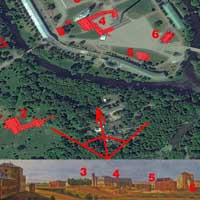 Сумяшчэнне сучаснага аэрафотаздымка з пазначэннем былых кляштараў сярэднявечнага горада, перабудаваных пад патрэбы фартэцыi i iх
выявы на момант пабудовы фартэцыi ў 1840г. з акварэлi Марцiна Залескага. Чырвоным пазначаны:
1. Былы Кляштар бернардынак з касцёлам Беззаганнага Зачацця Найсвяцейшай Панны Марыі, перабудаваны з 1842г. на Кадэцкi корпус, а
з 1854г. на ваенны шпiталь
2. Былы кляштар бернардынцаў з касцёлам Яна Хрысціцеля і Св. Ганны, перабудаваны з 1842г. на Кадэцкi корпус, а з 1854г. на ваенны шпiталь
3. Былы кляштар аўгустынаў з касцёлам Святой Тройцы, перабудаваны 3 1833г. першапачаткова на камiтэт інжынераў фартэцыi, з ў 1865г. разабраны
4. Былая калегiя езуiтаў з касцёлам Пана Езуса і Святога Казіміра, перабудаваныя з 1837г. пад апартаменты iмператара (асобныя памяшканні выкарыстоўвалі для кватэравання імператарскай сям'і ў час наведвання ёю крэпасці) i камендантскай управы (пазней iнжэнернай управы, пасля разбору прыстасаванага пад патрэбы апошнiх пабудоў былога кляштару аўгустынцаў)
5. Былая катэдральная Свята-Мікалаеўская царква. Так i не была скончана яе перабудова, а ў пачатку 1840-х гг. разабрана на будматэрыялы
6. Былы кляштар базылiянаў з царквой Святых Пятра i Паўла з не скончаным завяршэннем вежаў, была перабудавана на афiцэрскае казiно (будынак афiцэрскiх сходаў), атрымаўшы пазней назву Белы Палац. Кляштар з 1833г. прыстасоўваецца пад шпiталь, якi згарэў у 1835г.
7. Былы кляштар дамініканаў з касцёлам Святой Сафіі, с пачаткам будаунiчых прац пры перабудове старажытнага горада на фартэцыю, першапачаткова быу пакiнуты гарадскiм парафiяльным (фарным) касцёлам, але неўзабаве ў сярэдзiне XIXст. разабраны на будматэрыялы.
Фотамантаж by A. Nevar 2019г. 