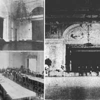 Берасце. Выява iнтэр'ераў былой Петрапаўлаўскай царквы, перабудаванай на будынак афiцэрскiх сходаў Белы Палац . Фотакалаж з выяў часоў падпiсання Берасцейскага мiру i мiжваеннага перыяду II Рэчы Паспалiтай (1917-1930-я гг.) Крынiца фота - iнтэрнэт аукцыён ebay de, Tygodnik Ilustrowany. R. 60, nr. 35. 30 sierpnia 1919 r