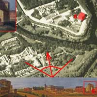 Сумяшчэнне аэрафотаздымка ў 1915г. з пазначэннем былой Петрапаўлаўскай царквы, перабудаванай на будынак афiцэрскiх сходаў Белы Палац (пазначаны чырвоным) i фрагмент выявы з перабудаванай ў першы раз былой царквой (з боку апсiды) на момант пабудовы фартэцыi ў 1840г. з акварэлi Марцiна Залескага
		Фотамантаж by A. Nevar 2019г.