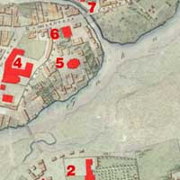 Сумяшчэнне мапы 1823г. з пазначэннем былых кляштараў сярэднявечнага горада i сучаснага спадарожнiкавага здымка. Чырвоным пазначаны:
1. Былы Кляштар бернардынак з касцёлам Беззаганнага Зачацця Найсвяцейшай Панны Марыі, перабудаваны з 1842г. на Кадэцкi корпус, а
з 1854г. на ваенны шпiталь
2. Былы кляштар бернардынцаў з касцёлам Яна Хрысціцеля і Св. Ганны, перабудаваны з 1842г. на Кадэцкi корпус, а з 1854г. на ваенны шпiталь
3. Былы кляштар аўгустынаў з касцёлам Святой Тройцы, перабудаваны 3 1833г. першапачаткова на камiтэт інжынераў фартэцыi, з ў 1865г. разабраны
4. Былая калегiя езуiтаў з касцёлам Пана Езуса і Святога Казіміра, перабудаваныя з 1837г. пад апартаменты iмператара (асобныя памяшканні выкарыстоўвалі для кватэравання імператарскай сям'і ў час наведвання ёю крэпасці) i камендантскай управы (пазней iнжэнернай управы, пасля разбору прыстасаванага пад патрэбы апошнiх пабудоў былога кляштару аўгустынцаў)
5. Былая катэдральная Свята-Мікалаеўская царква. Так i не была скончана яе перабудова, а ў пачатку 1840-х гг. разабрана на будматэрыялы
6. Былы кляштар базылiянаў з царквой Святых Пятра i Паўла з не скончаным завяршэннем вежаў, была перабудавана на афiцэрскае казiно (будынак афiцэрскiх сходаў), атрымаўшы пазней назву Белы Палац. Кляштар з 1833г. прыстасоўваецца пад шпiталь, якi згарэў у 1835г.
7. Былы кляштар дамініканаў з касцёлам Святой Сафіі, с пачаткам будаунiчых прац пры перабудове старажытнага горада на фартэцыю, першапачаткова быу пакiнуты гарадскiм парафiяльным (фарным) касцёлам, але неўзабаве ў сярэдзiне XIXст. разабраны на будматэрыялы
Фотамантаж by A. Nevar 2019г.
