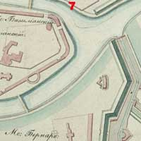 Выява былога кляштара дамініканаў з касцёлам Святой Сафіі на мапе фартэцыi 1838г. (пазначаны чырвоным пад нумарам 7) 