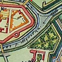 Праектная мапа фартэцыi 1840г. Ужо з гэтага часу кляштар больш не iснуе на мапах пазнейшага выдання i неўзабаве будзе разабраны (былыя пабудовы кляштара дамініканаў з касцёлам Святой Сафіі ўмоуна пазначаны чырвоным пад нумарам 7) 