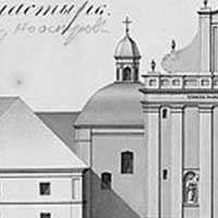 Выява галоўнага заходняга фасада былога касцёла Святой Сафіі i кляштару дамініканаў з абмераў 1830г. (РГИА, Ф. 349. Главное военно-техническое управление. Оп. 4. Д. 149. Доминиканский монастырь. Дата: 1830г.) Апублiкавана - Koscioly i klasztory rzymskokatolickie dawnego wojew?dztwa brzeskolitewskiego. Cz 5. Tom 1. - Krakow, 2013