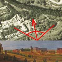 Сумяшчэнне аэрафотаздымка ў 1915г. з пазначэннем былога касцёла Святой Сафіі i кляштару дамініканаў (пазначаны чырвоным), на месцы пабудаванай тут пазней артылерыйскай Базылiянскай батарэi (сучаснае кафэ Цытадэль) i фрагмент выявы з былым дамiнiканскiм (на той момант фарным) касцёлам на момант пабудовы фартэцыi ў 1840г. з акварэлi Марцiна Залескага