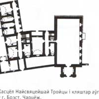 Берасце. Выява касцёла Св. Тройцы i кляштара аўгустынцаў з абмерных чарцяжоў РДГА 1830г. План першага паверха. Апублiкавана - А. М. Кулагiн - Каталiцкя храмы Беларусi Выдавецтва Беларуская энцыклапедыя імя П. Броўкі, 2008. 488 с.: іл., старонка 392 