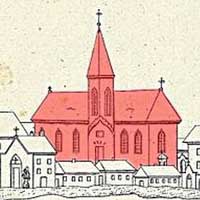 Берасце. Схематычная выява касцёла Св. Тройцы кляштару аўгустынцаў з панарамы горада з боку Тэрэспаля. Крынiца - Widok Brzescia Litewskiego ze strony Terespola, 1823г., Biblioteka Narodowa