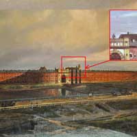 Берасце. Выява былога касцёла Св. Тройцы кляштару аўгустынцаў, перабудаванага з 1833г. на камiтэт інжынераў фартэцыi з акварэлi Марцiна Залескага з боку Тэрэспаля на момант пабудовы фартэцыi ў 1840г. Фотамантаж by A. Nevar 2019г.