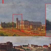 Берасце. Выява былога касцёла Св. Тройцы кляштару аўгустынцаў, перабудаванага з 1833г. на камiтэт інжынераў фартэцыi з акварэлi Марцiна Залескага з захадняга боку (з боку горада) на момант пабудовы фартэцыi ў 1840г. Фотамантаж by A. Nevar 2019г