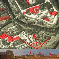 Сумяшчэнне аэрафотаздымка ў 1915г. з пазначэннем былых кляштараў сярэднявечнага горада, перабудаваных пад патрэбы фартэцыi i iх выявы на момант пабудовы фартэцыi ў 1840г. з акварэлi Марцiна Залескага. Чырвоным пазначаны:
1. Былы Кляштар бернардынак з касцёлам Беззаганнага Зачацця Найсвяцейшай Панны Марыі
2. Былы кляштар бернардынцаў з касцёлам Яна Хрысціцеля і Св. Ганны
3. Былы кляштар аўгустынаў з касцёлам Святой Тройцы
4. Былая калегiя езуiтаў з касцёлам Пана Езуса і Святога Казіміра
5. Былая катэдральная Свята-Мікалаеўская царква
6. Былы кляштар базылiянаў з царквой Святых Пятра i Паўла.
7. Былы кляштар дамініканаў з касцёлам Святой Сафіі
Фотамантаж by A. Nevar 2019г.