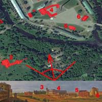 Сумяшчэнне сучаснага аэрафотаздымка з пазначэннем былых кляштараў сярэднявечнага горада, перабудаваных пад патрэбы фартэцыi i iх выявы на момант пабудовы фартэцыi ў 1840г. з акварэлi Марцiна Залескага. Чырвоным пазначаны:
1. Былы Кляштар бернардынак з касцёлам Беззаганнага Зачацця Найсвяцейшай Панны Марыі
2. Былы кляштар бернардынцаў з касцёлам Яна Хрысціцеля і Св. Ганны
3. Былы кляштар аўгустынаў з касцёлам Святой Тройцы
4. Былая калегiя езуiтаў з касцёлам Пана Езуса і Святога Казіміра
5. Былая катэдральная Свята-Мікалаеўская царква
6. Былы кляштар базылiянаў з царквой Святых Пятра i Паўла.
7. Былы кляштар дамініканаў з касцёлам Святой Сафіі
Фотамантаж by A. Nevar 2019г.