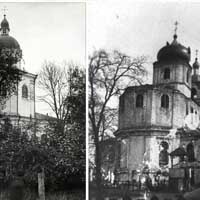 Пiнск. Выява свята-Фёдараўскага сабора (былога касцёла св.Дамiнiка кляштару дамiнiканаў) Фотапараунанне бажнiцы (з боку алтарнай часткi) Першае фота - пачатку XXcт., другое - апошняя спроба (у вынiку чаго будынак увогуле разбяруць) рэмантаваць i рэканструяваць святыню у 1948г.