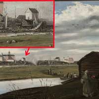 Пiнск. Малюнак з панарамай Пiнска з-за ракi сярэдзiны XIXст. Адна з нешматлiкiх выяў касцёла св.Дамiнiка i кляштару дамiнiканаў да перабудовы. Аўтар малюнка - Вінцэнт Дмахоўскі, Карціна Ля перавозу (1847г.) Крыніца - Нацыянальны музей у Варшаве. Электронны рэсурс - https://be-tarask.wikipedia.org/wiki/