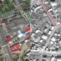 Пiнск. Выява свята-Фёдараўскага сабора (былога касцёла св.Дамiнiка кляштару дамiнiканаў) Фотапараўнанне з фiксацыяй на сучасным аэрафотаздымку i iснуючым на месцы былога касцёла Саборам Уваскрэсення Славушчага з аэрафота 1944г. Фотамантаж by А. Nеvar 2018г.