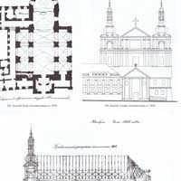 Горадня. Праекцыi (план, фасад, папярочны разрэз) касцёла Маці Божай Ружанцовай кляштару дамініканаў з абмерных чарцяжоў у iнвентарызацыi 1856г. Апублiкавана - Materialy do dziejow sztuki sakralnej na ziemiach wschodnich dawnej Rzeczypospolitej, red. Maria Kalamajska-Saeed. cz. IV, Koscioly i klasztory rzymskokatolickie dawnego wojewodztwa trockiego, t. 3, Koscioly Grodna (3), Krakow 2016.