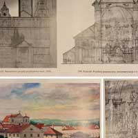 Горадня. Праекцыi (фасад з варыянтам завершання вежаў, прадольны разрэз, iнтэр'ер) касцёла Маці Божай Ружанцовай кляштару дамініканаў з абмерных чарцяжоў у iнвентарызацыi 1856г. i выява на акварэлi Напалеона Орды. Апублiкавана - Materialy do dziejow sztuki sakralnej na ziemiach wschodnich dawnej Rzeczypospolitej, red. Maria Kalamajska-Saeed. cz. IV, Koscioly i klasztory rzymskokatolickie dawnego wojewodztwa trockiego, t. 3, Koscioly Grodna (3), Krakow 2016