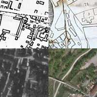 Горадня. Выява касцёла Маці Божай Ружанцовай (пазначаны чырвоным колерам, альбо чырвоным контурам у выпадку разабранага ўжо храма) i кляштару дамініканаў (пазначаны сiнiм колерам) на мапах Гораднi 1795г. i 1882г. (з ужо разабраным касцёлам) у параўнаннi з аэрафотаздымкамi часоў Другой Сусветнай вайны i сучасным станам. Фотамантаж by A. Nevar. 2019г. 