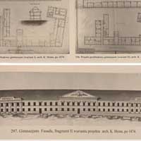 Горадня. Выява новага корпуса былога кляштару дамініканаў на праекце перабудовы 1874г. (у двух варыянтах праекта перабудовы) з абмерных чарцяжоў. Апублiкавана - Materialy do dziejow sztuki sakralnej na ziemiach wschodnich dawnej Rzeczypospolitej, red. Maria Kalamajska-Saeed. cz. IV, Koscioly i klasztory rzymskokatolickie dawnego wojewodztwa trockiego, t. 3, Koscioly Grodna (3), Krakow 2016.