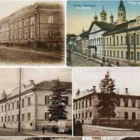 Горадня. Выява былога кляштару дамініканаў (пераабсталяванага пад гiмназiю) на архiўных фота розных часоў пачатку-сярэдзiны XXст. (1914., 1919г., 1936г., 1944г.) Ракурс у бок суч. Савецкай пл.