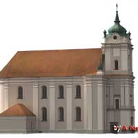 Графiчная рэканструкцыя касцёла Нараджэння Панны Марыi, Св. Антонiя i Казiмiра кляштару бернардынак у Гораднi. Выгляд да
		перабудовы на царкву ў другой палове XIXст. 3D мадэль, фотамантаж by A. Nevar. 2019г.
		