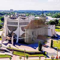 Графiчная рэканструкцыя касцёла Нараджэння Панны Марыi, Св. Антонiя i Казiмiра кляштару бернардынак у Гораднi. Выгляд да
		перабудовы на царкву ў другой палове XIXст. 3D мадэль, фотамантаж by A. Nevar. 2019г.
		