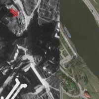 Выява касцёла Нараджэння Панны Марыi, Св. Антонiя i Казiмiра кляштару бернардынак у Гораднi. на аэрафотаздымку 1941г. у параунаннi з сучасным станам на аэрафотаздымку Яндэкс (пазначаны чырвоным); фотамантаж by A. Nevar. 2019г. 