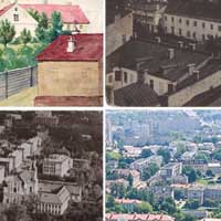 Выявы касцёла Нараджэння Панны Марыi, Св. Антонiя i Казiмiра кляштару бернардынак у Гораднi да (акварэль Н. Орды) i пасля перабудовы пад царкву, месца разабранага касцела (пазначана чырвоным) на аэрафотаздымку 1968г. i cучасным аэрафота з падобнага ракурса. Фотамантаж by A. Nevar. 2019г.