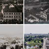 Выява былога касцёла Нараджэння Панны Марыi, Св. Антонiя i Казiмiра кляштару бернардынак у Гораднi па перабудове на праваслаўную царкву . Выгляд да Першай сусветнай, мiжваеннага перыяду II RP i часоў Другой светавых войнаў i сучаснае фота з падобнага ракурса ад касцёла бернардынцаў. Фотамантаж by A. Nevar. 2019г.