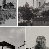 Выява былога касцёла Нараджэння Панны Марыi, Св. Антонiя i Казiмiра кляштару бернардынак у Гораднi да i пасля перабудовы на праваслаўную царкву . Выгляд да Першай сусветнай, мiжваеннага перыяду II RP i часоў Другой светавых войнаў з падобнага ракурса з боку маста над Нёманам. Фотамантаж by A. Nevar. 2019г.