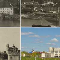 Выява былога касцёла Нараджэння Панны Марыi, Св. Антонiя i Казiмiра кляштару бернардынак у Гораднi да i пасля перабудовы на праваслаўную царкву . Выгляд сярэдзiны XIXст., мiжваеннага перыяду II RP, пасля Другой сусветнай вайны i сучасная панарама з падобнага ракурса з боку маста над Нёманам. Фотамантаж by A. Nevar. 2019г. 