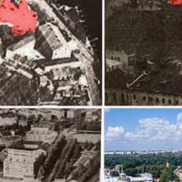 Выява былога касцёла Нараджэння Панны Марыi, Св. Антонiя i Казiмiра кляштару бернардынак у Гораднi пасля перабудовы на праваслаўную царкву (пазначаны чырвоным). Выгляд часоў Першай сусветнай вайны (1915г.), пасля Другой сусветнай вайны (1944г.), аэрафотаздымак 1968г. i сучасны (С.Плыткевiча) з падобнага ракурса з боку маста над Нёманам. Фотамантаж by A. Nevar. 2019г.