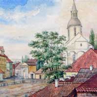 Выява былога фарнага касцёла (фара Вiтаўта) з акварэлi Н.Орды (1866г.) . Апублiкавана - форум Глобус Беларусi (fgb.by) Электронны рэсурс - https://commons.wikimedia.org/wiki/File:Horadnia,_Fara_Vitauta._Горадня,_Фара_Вітаўта_(N._Orda,_1860-77).jpg