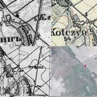 Котчына (Мастоўскi раён). Выява былога касцёла дамiнканцаў на мапах розных часоў у параўнаннi з сучасным аэрафотаздымкам мясцовасцi. Фотамантаж by A. Nevar. 2019г.