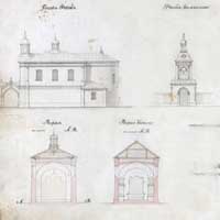 Новадзевяткавiчы. Выявы касцёла Св. Апосталаў Пятра і Паўла i званiцы на абмерных чарцяжах. Выгляд на сярэдзiну XIX ст. да перабудовы пад праваслаўную царкву i пасля. Параўнанне зменаў вонкавага выгляду.