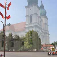 Слонiм. Графiчная рэканструкцыя касцёлу св. Міхала Арханёла былога дамiнiканскага кляштару. 3D мадэль, арыгiнальнае фота, фотамантаж - А.Невар, 2020г