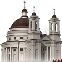 Чачэрск (Гомельская вобласць). Графiчная рэканструкцыя былога езуiцкага касцёла Св. Тройцы. Выгляд на пачатак XIXст. 3D-мадэль by А. Nеvar 2018г.