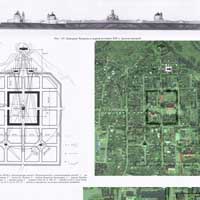 Чачэрск (Гомельская вобласць). План горада канца XVIIIст. з панарамай горадабудаўнiчага ансамбля з заходняга боку (рэканструкцыя Ю.Чантурыя) + параўнанне з накладаннем на сучасны аэрафотаздымак цэнтральнай часткi горада. Фотамантаж by A. Nevar -2018г. 